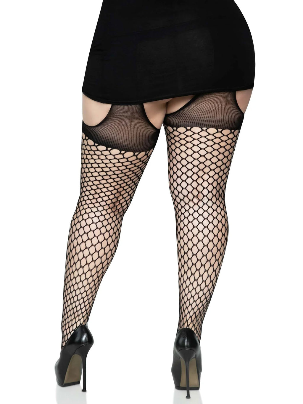 Black Oval Net Suspender Tight with Opaque Top Queen O/S