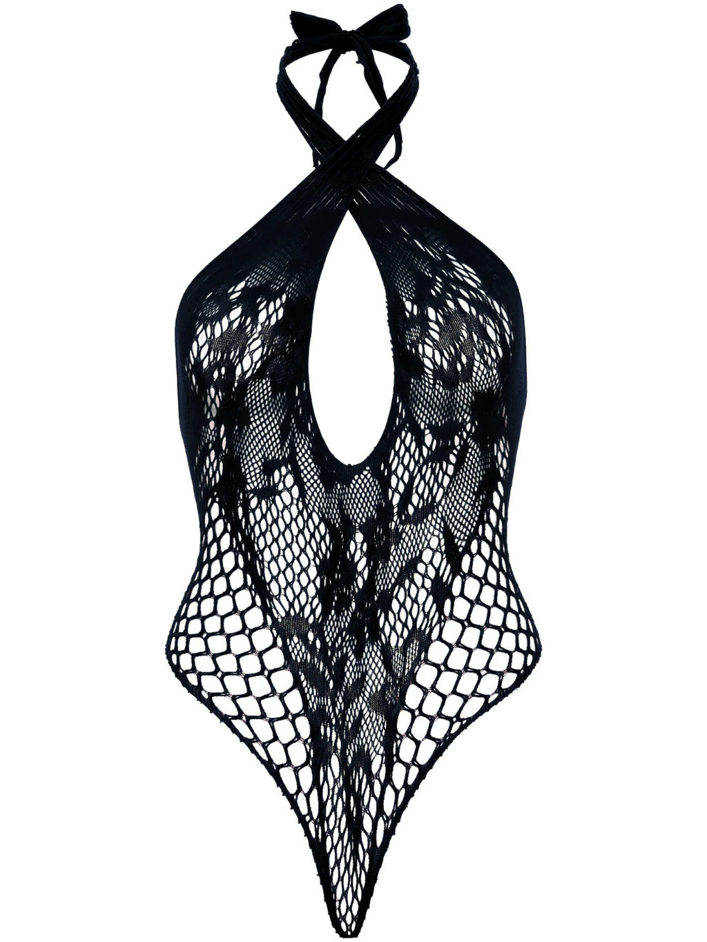 Lace and Net Keyhole Crossover Halter Teddy, Black, One Size