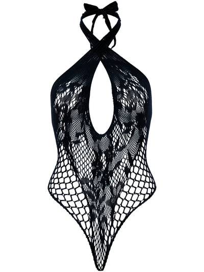 Lace and Net Keyhole Crossover Halter Teddy, Black, One Size