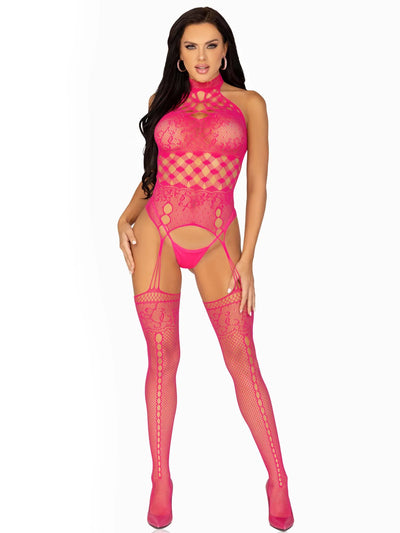 High Neck Net and Lace Suspender Lingerie Jumpsuit in Raspberry, One Size