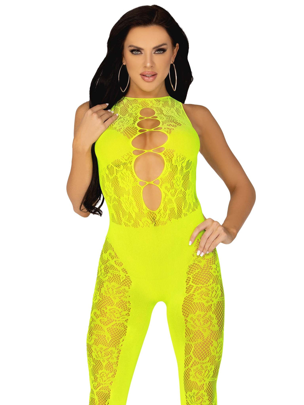 Floral Lace Convertible Footless Lingerie Jumpsuit, Neon Yellow, One S Floral Lace Convertible Footless Lingerie Jumpsuit, Neon Yellow, One S