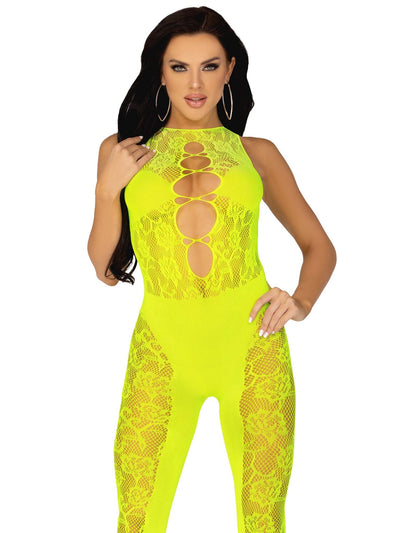 Floral Lace Convertible Footless Lingerie Jumpsuit, Neon Yellow, One Size