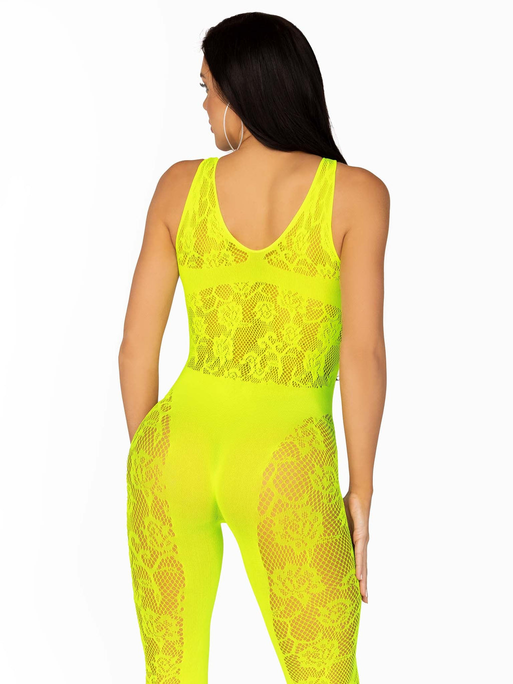 Floral Lace Convertible Footless Lingerie Jumpsuit, Neon Yellow, One Size
