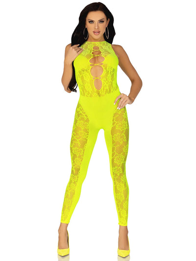 Floral Lace Convertible Footless Lingerie Jumpsuit, Neon Yellow, One Size