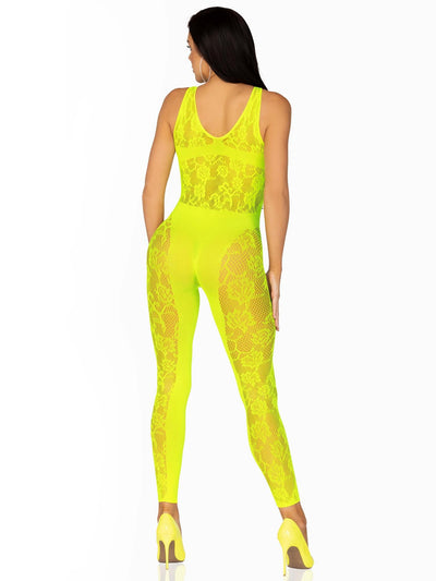Floral Lace Convertible Footless Lingerie Jumpsuit, Neon Yellow, One Size