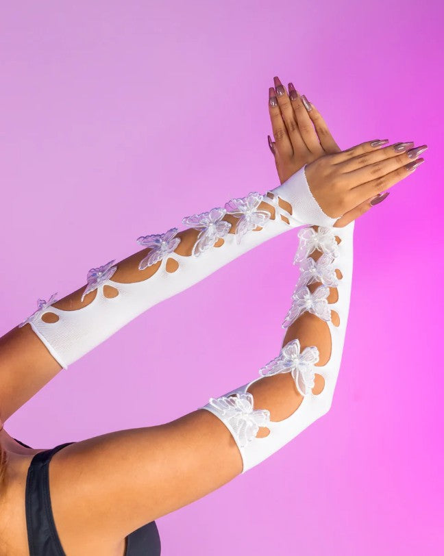 Opaque Net Cut-Out Butterfly Applique Arm Warmers, White, One Size