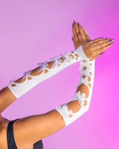 Opaque Net Cut-Out Butterfly Applique Arm Warmers, White, One Size