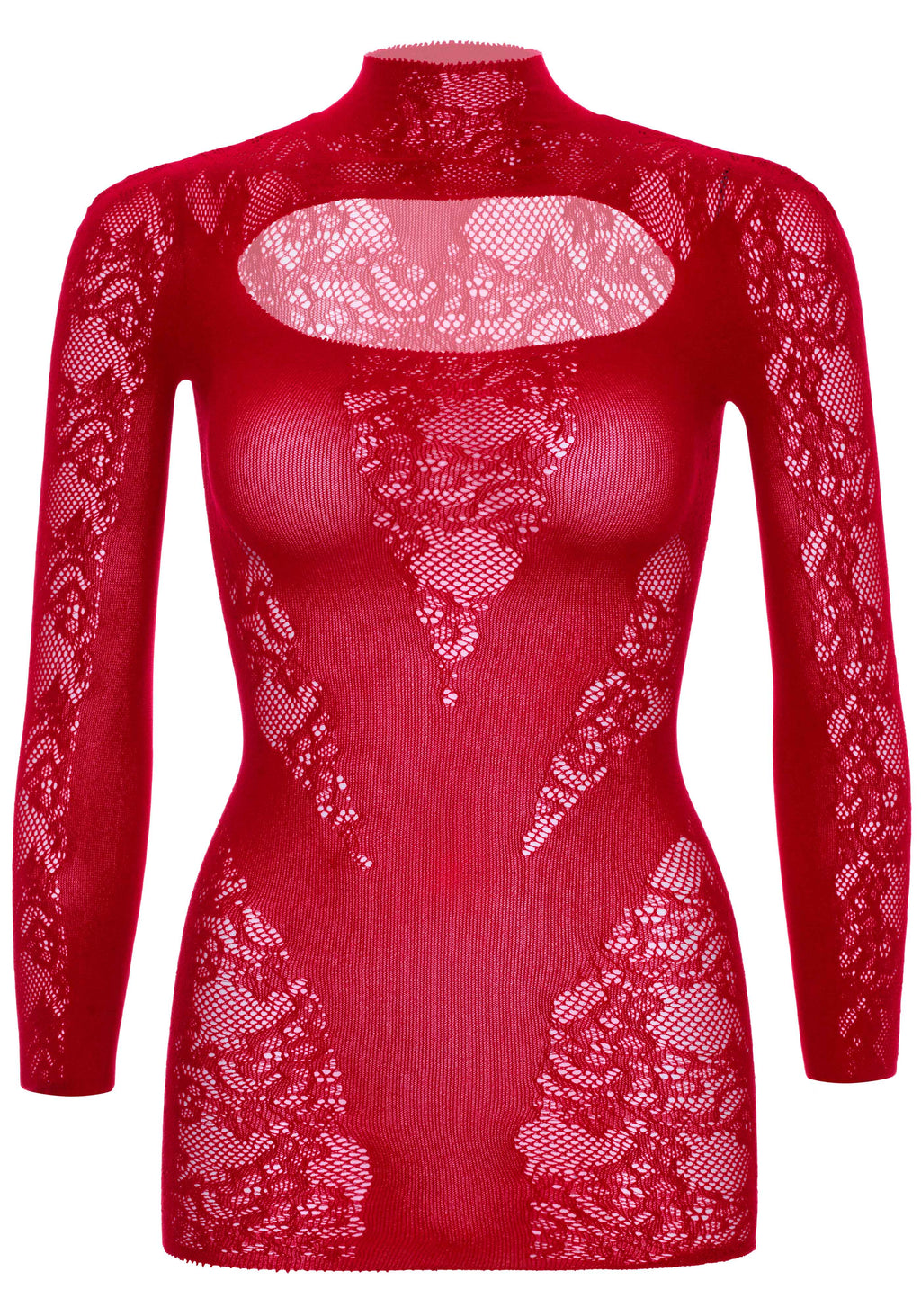 Lace Mini Dress with Opaque Panel Detailing and Gloved Sleeves, Red, One Size