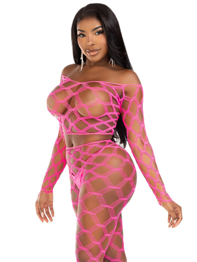 2 PC Hardcore Net Crop Top and Footless Tights, Neon Pink, One Size