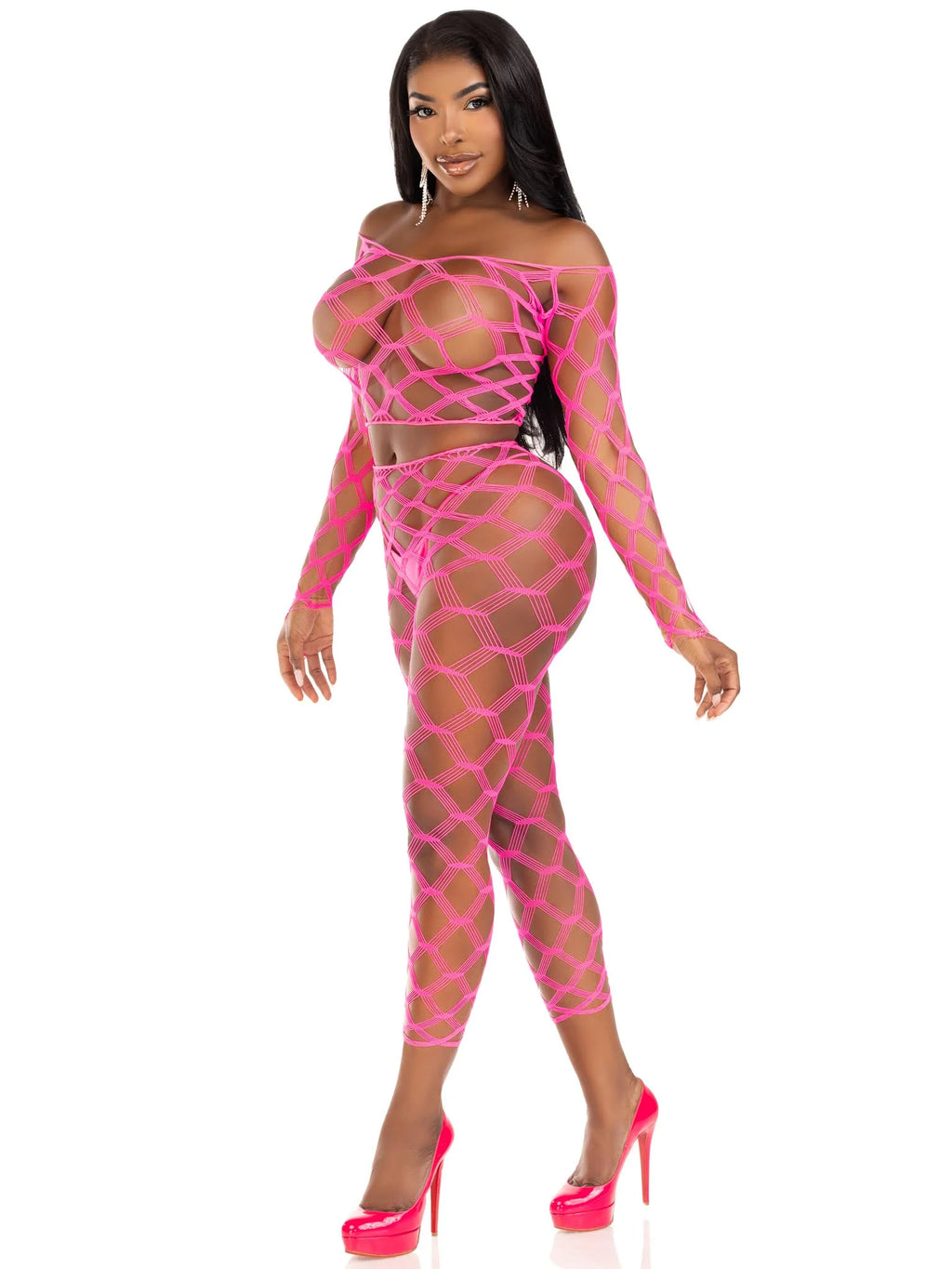 2 PC Hardcore Net Crop Top and Footless Tights, Neon Pink, One Size