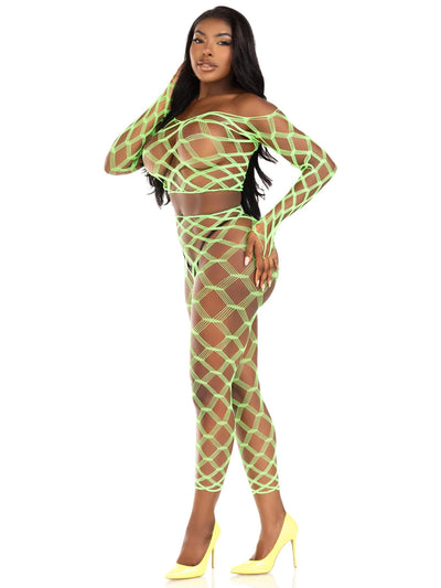 2 PC Hardcore Net Crop Top and Footless Tights, Neon Green, One Size