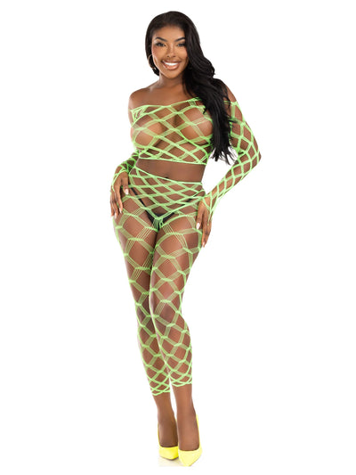 2 PC Hardcore Net Crop Top and Footless Tights, Neon Green, One Size