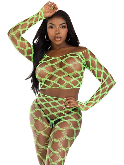 2 PC Hardcore Net Crop Top and Footless Tights, Neon Green, One Size