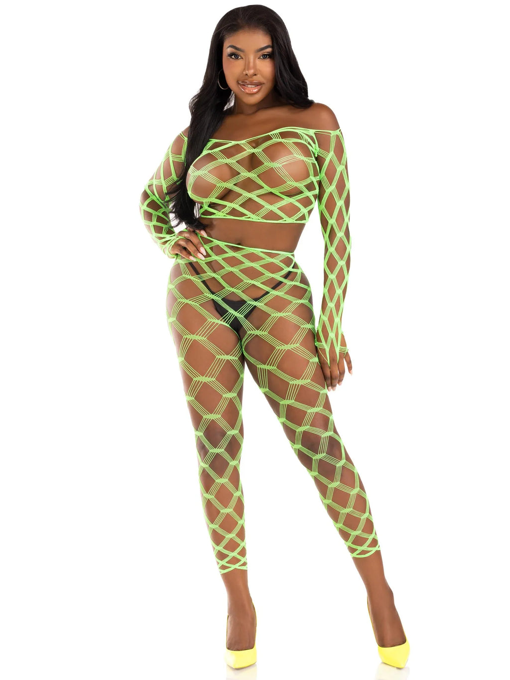 2 PC Hardcore Net Crop Top and Footless Tights, Neon Green, One Size