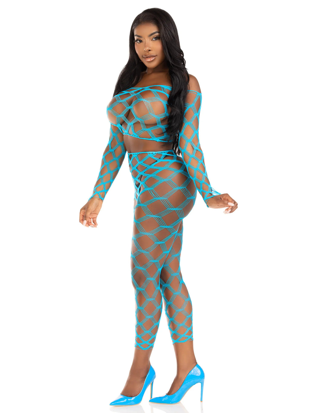 2 PC Hardcore Net Crop Top and Footless Tights, Turquoise, One Size
