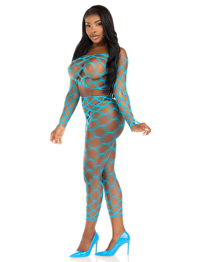 2 PC Hardcore Net Crop Top and Footless Tights, Turquoise, One Size