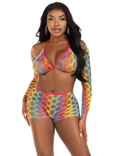 3 PC Rainbow Hardcore Net Bra Top, Shrug, and Boy Shorts, Multicolor, One Size