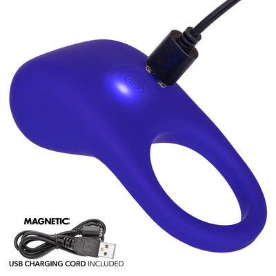 A purple silicone personal massager with an integrated USB charging port and black charging cable, shown on a white background with a text overlay 'MAGNETIC USB CHARGING CORD INCLUDED'.