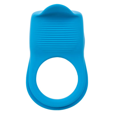 A bright blue silicone adult novelty product with a textured upper section and a large circular opening, shown on a plain white background.