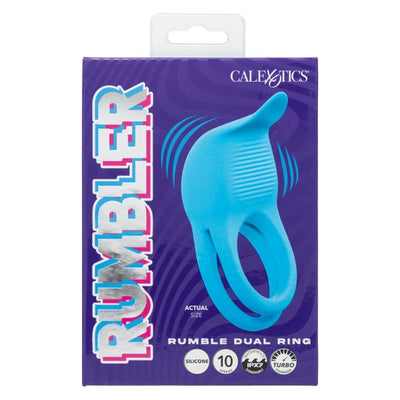CaleXotics Rumble Dual Ring packaging in purple, featuring a blue graphic of the actual product and product specifications at the bottom.