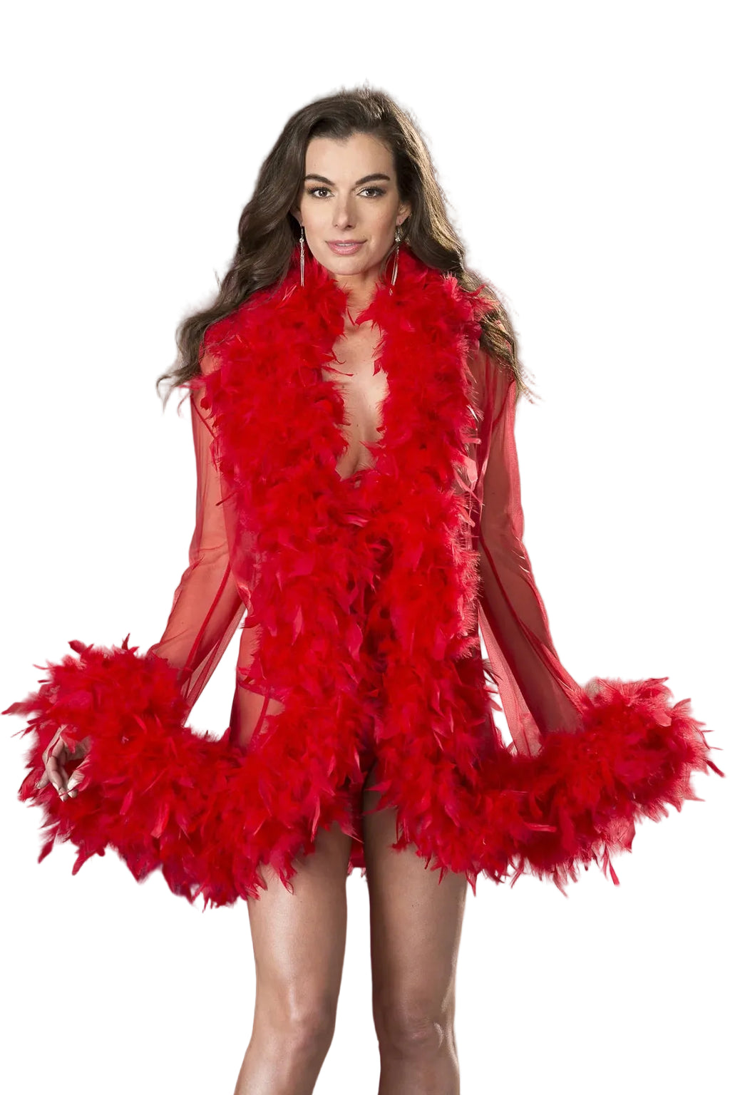 Sheer Nylon Short Robe with Chandelle Feathers, Red, One Size