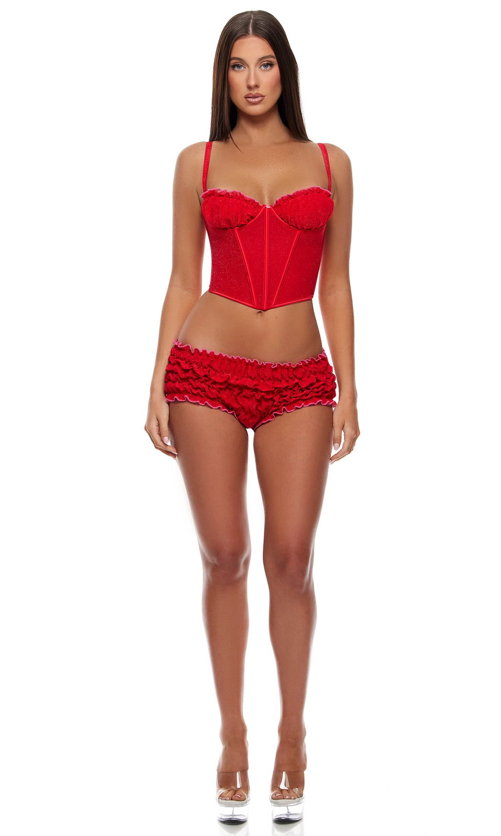 Shimmer Nights Ruched Bustier & Shorts Set, Red