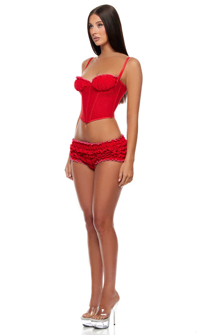 Shimmer Nights Ruched Bustier & Shorts Set, Red