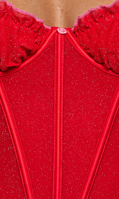 Shimmer Nights Ruched Bustier & Shorts Set, Red