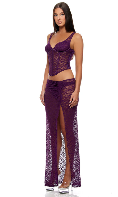 Feel Me Textured Lace Bustier, Panty & Dress Set, Purple