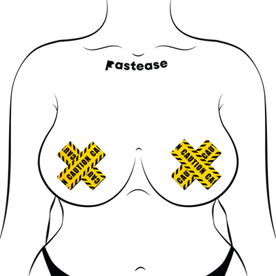 Plus X: Crossed Caution Tape Nipple Pasties, Yellow/Black, One Size