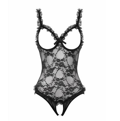 Sheer Black Lace Open Cup Crotchless Teddy One Size
