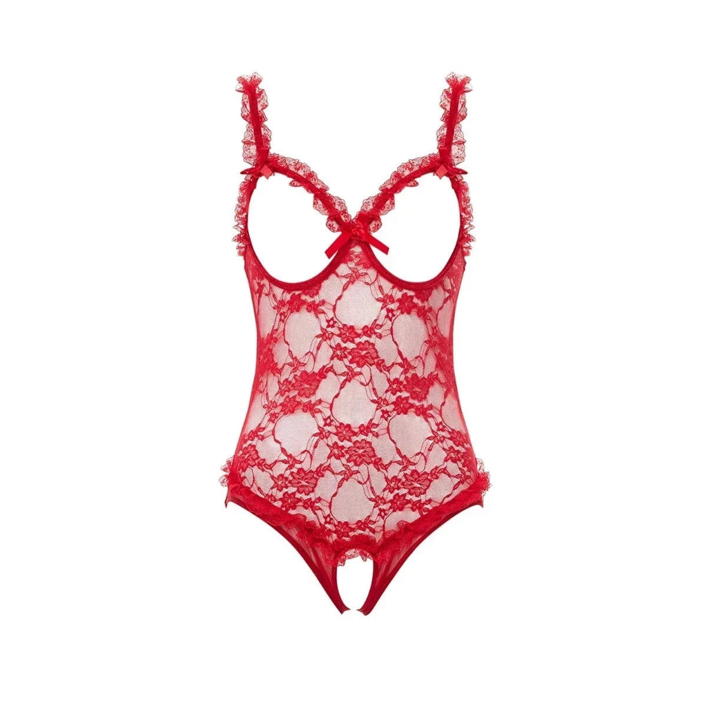 Red Lace Open Cup Crotchless Teddy One Size