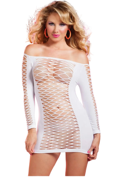 Full Throttle Long Sleeve Fishnet Dress, White, One Size