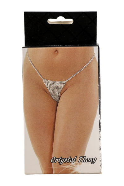 Crystal Rhinestone Thong, Silver, One Size