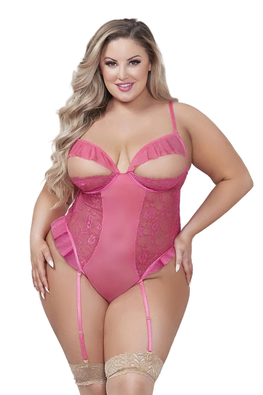 Lace & Mesh Teddy with Removable Garter Straps, Pink, Queen O/S