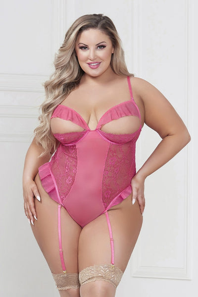 Lace & Mesh Teddy with Removable Garter Straps, Pink, Queen O/S