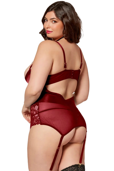 Satin & Lace Quarter Cup Bustier, Wine, Queen O/S
