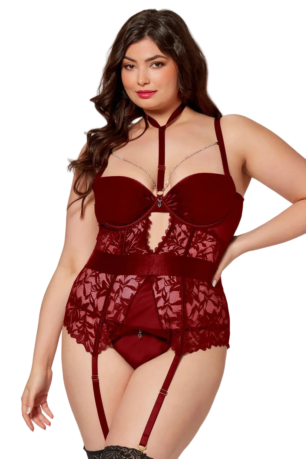 Satin & Lace Quarter Cup Bustier, Wine, Queen O/S