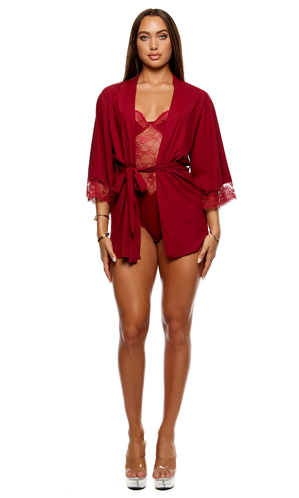 Self Care Ribbed Lace Robe, Wine, One Size