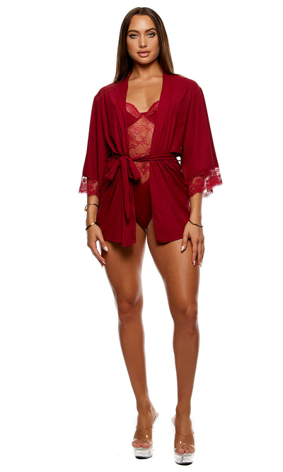 Self Care Ribbed Lace Robe, Wine, One Size