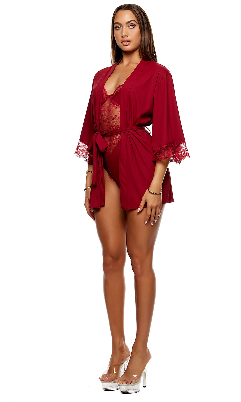 Self Care Ribbed Lace Robe, Wine, One Size