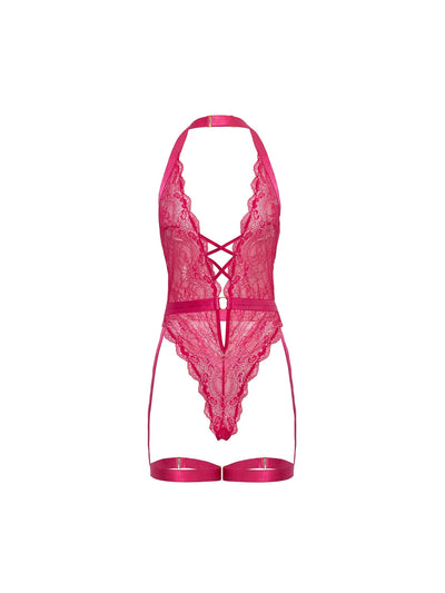Kahlia Lace Gartered Teddy, Hot Pink, One Size