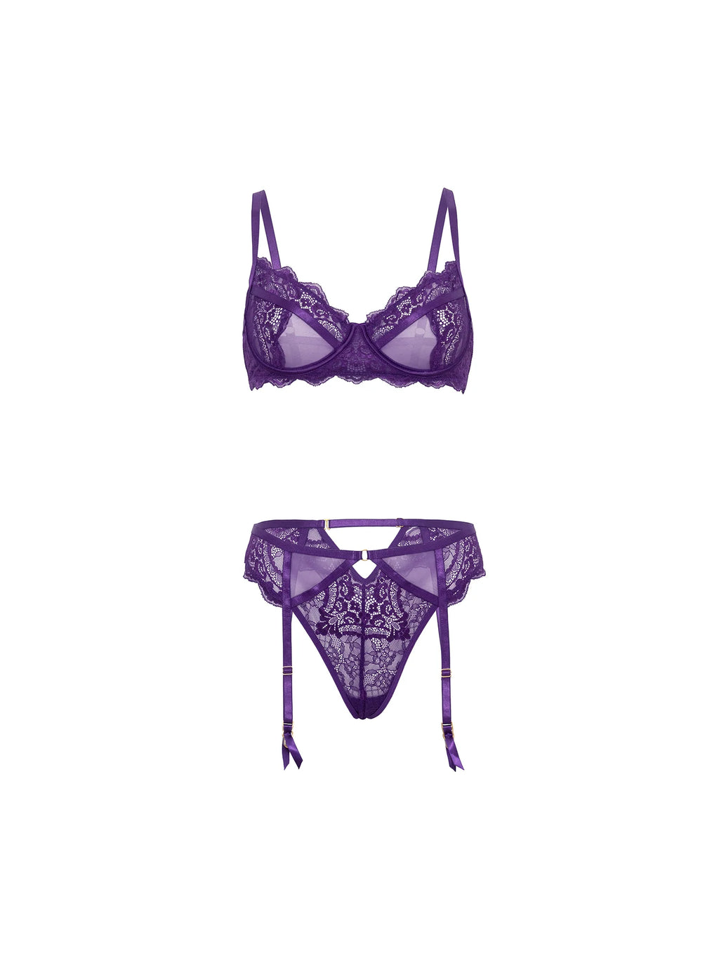 Plum Lace Bra, Garter and Panty Set, Purple, L/XL
