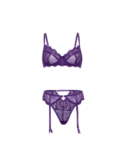 Margo Lace Bra, Garter and Panty Set, Purple, L/XL