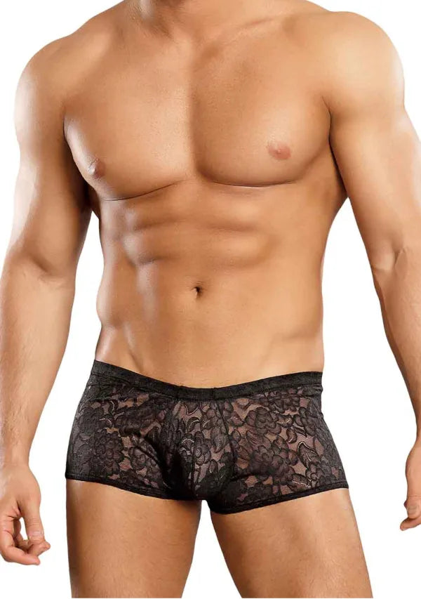 Men's Stretch Lace Mini Short Trunks, Black, L/XL