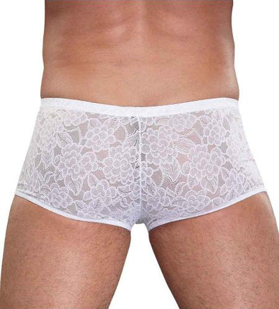 Men's Stretch Lace Mini Short Trunks, White, L/XL