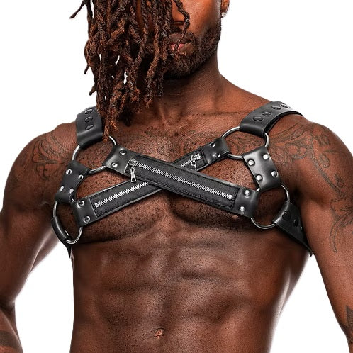 Criss-Cross Vegan Leather Zipper Chest Harness in Black