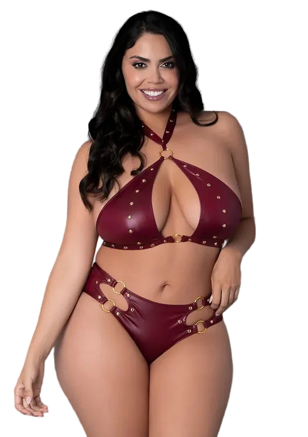 Leather Keyhole Bra & Cutout Shorts Set in Burgundy, Queen O/S
