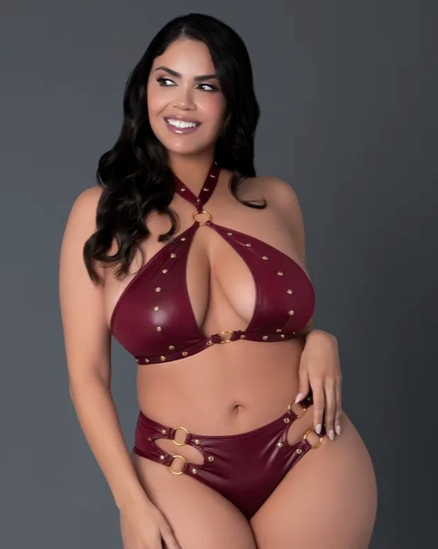 Leather Keyhole Bra & Cutout Shorts Set in Burgundy, Queen O/S
