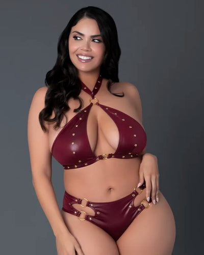 Leather Keyhole Bra & Cutout Shorts Set in Burgundy, Queen O/S